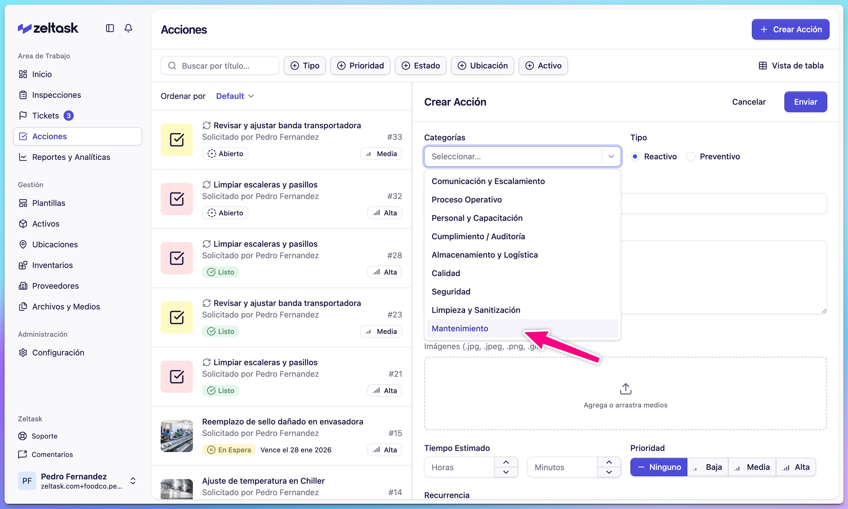 Click Category dropdown to select Maintenance, then click Type dropdown to select Reactive